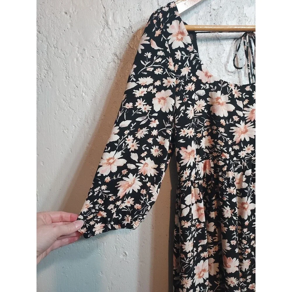 American Eagle Babydoll Dress Mini Short Tie Back Puff Sleeve Black Floral S‎